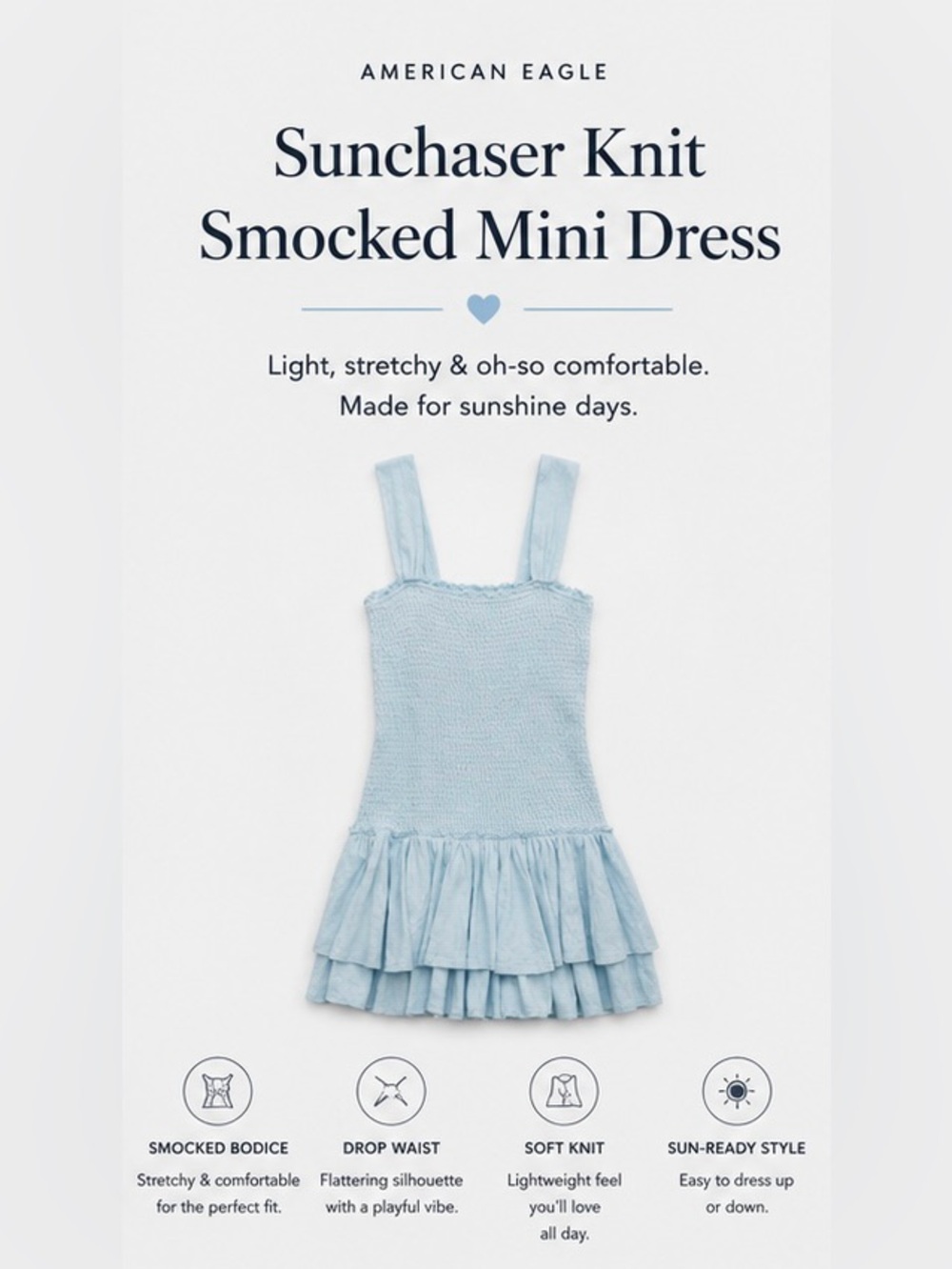 NWT American Eagle Sunchaser Knit Smocked Drop Waist Mini Dress Blue Size S - Picture 2 of 11